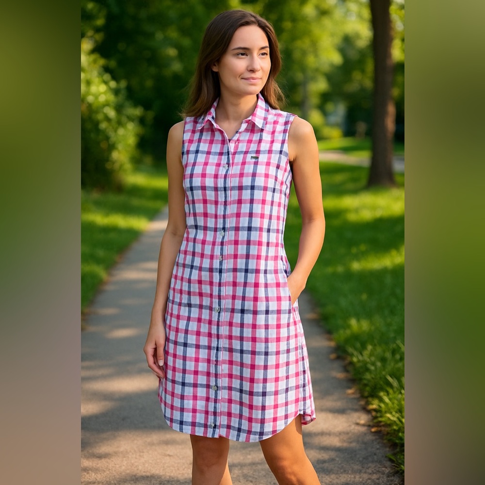 Tommy Hilfiger Sleeveless Pink White & Navy Plaid Button Front Shirt Dress 10